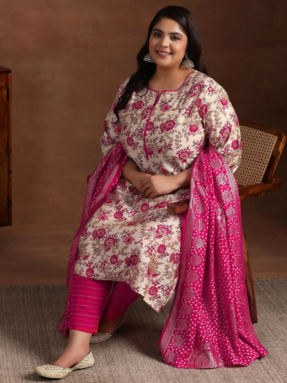 Women's LB Plus Size Pink Printed Silk Blend Straight Suit With Dupatta