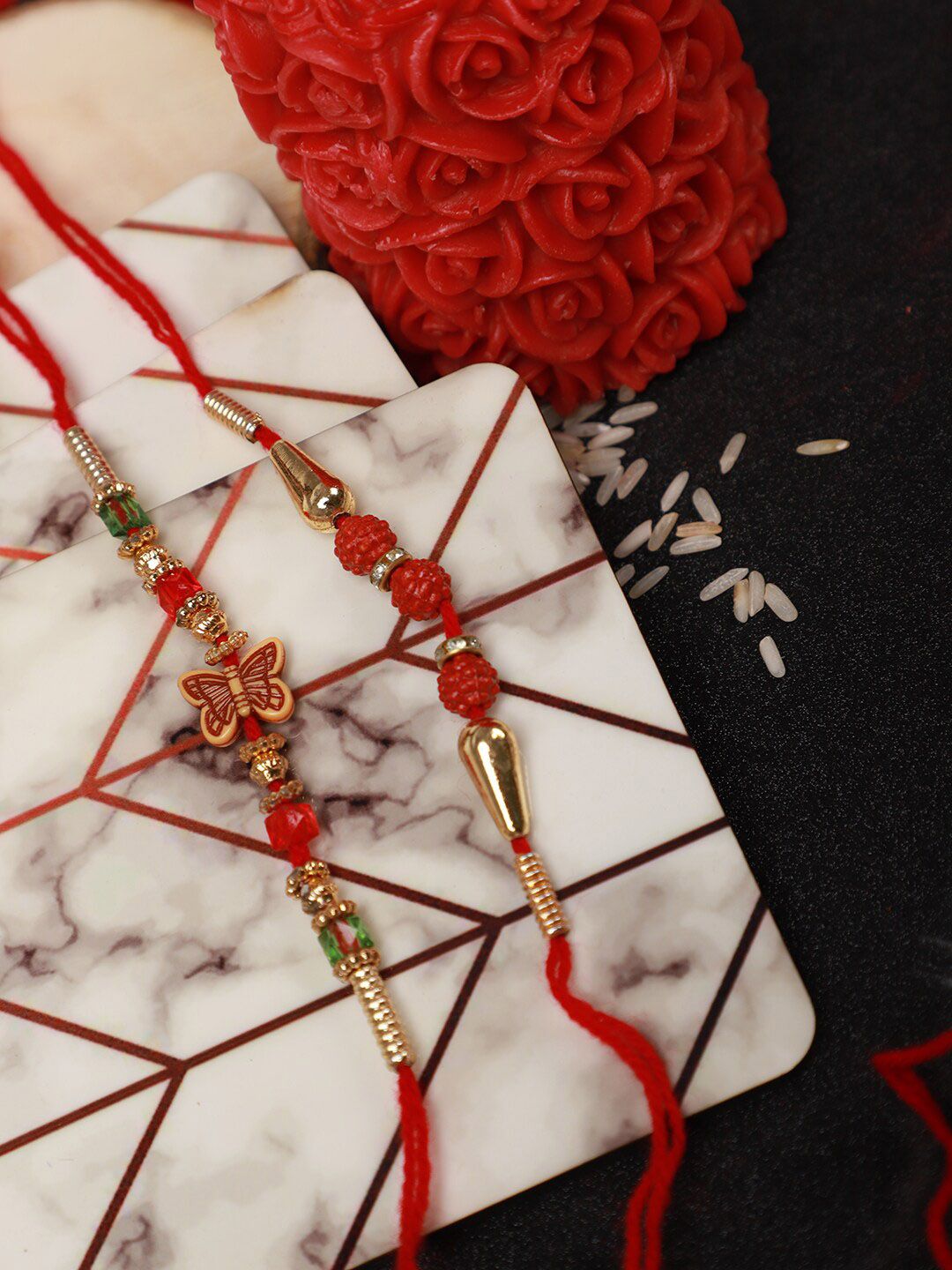 Dhiyona Set Of 4  Stone Studded Rakhi Greeting Card & Roli Chawal