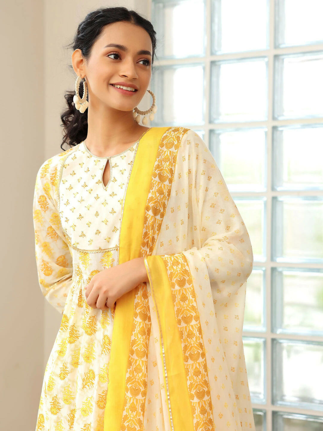 Women's LB Mustard Printed Cotton Anarkali Suit With Dupatta