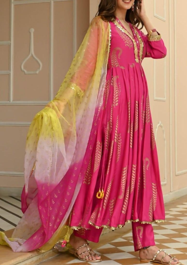 Dhiyona KL Women Floral Printed Angrakha Thread Work Kurta with Palazzos & With Dupatta