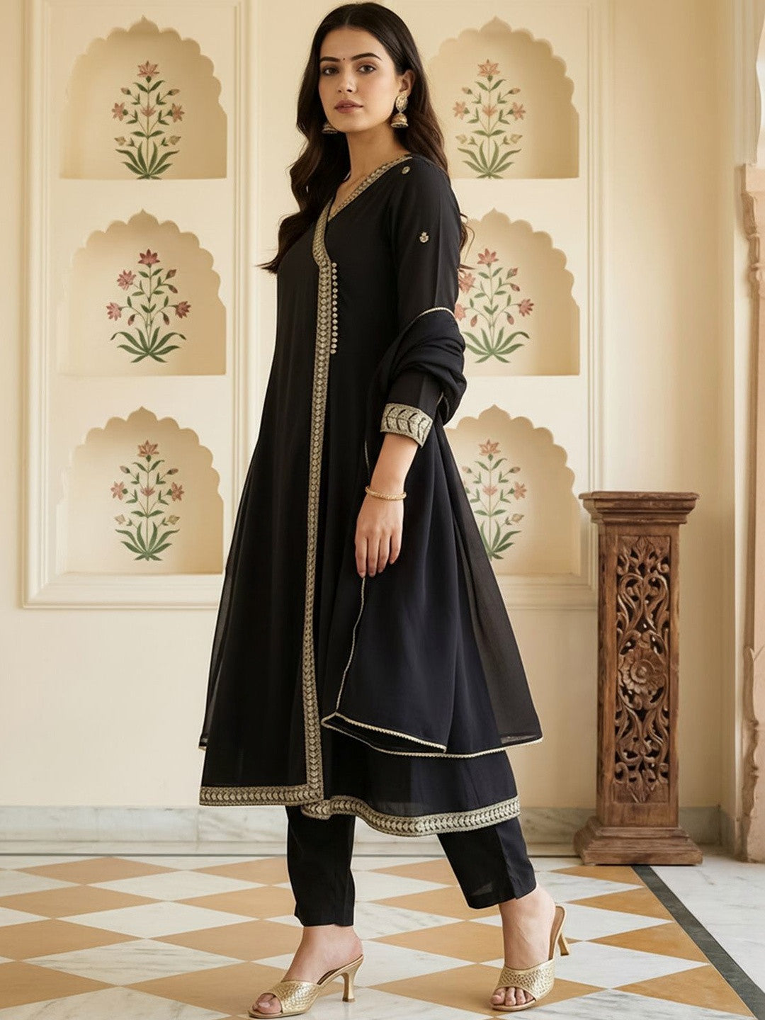 Women Ethnic Motifs Embroidered Angrakha Kurta with Trousers & With Dupatta