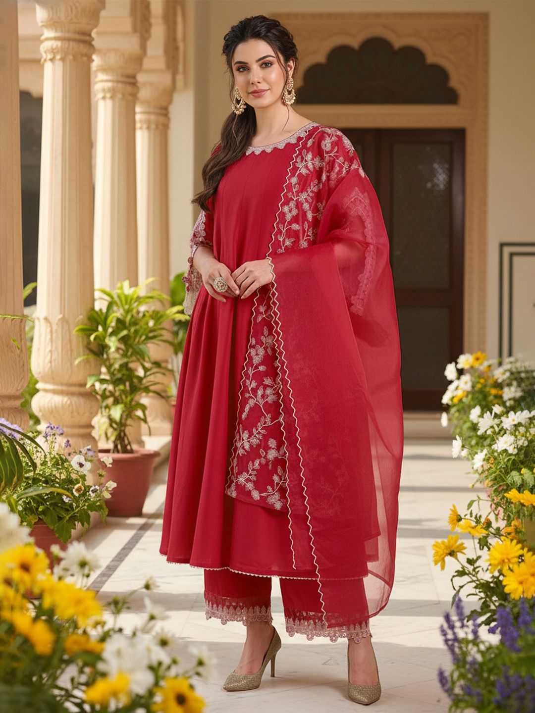 Dhiyona KL Floral Embroidered Anarkali Kurta with Trousers & Dupatta