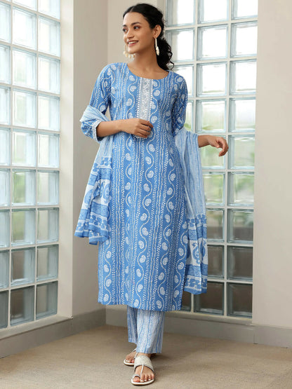 Women's LB Blue Printed Cotton Straight Suit With Dupatta