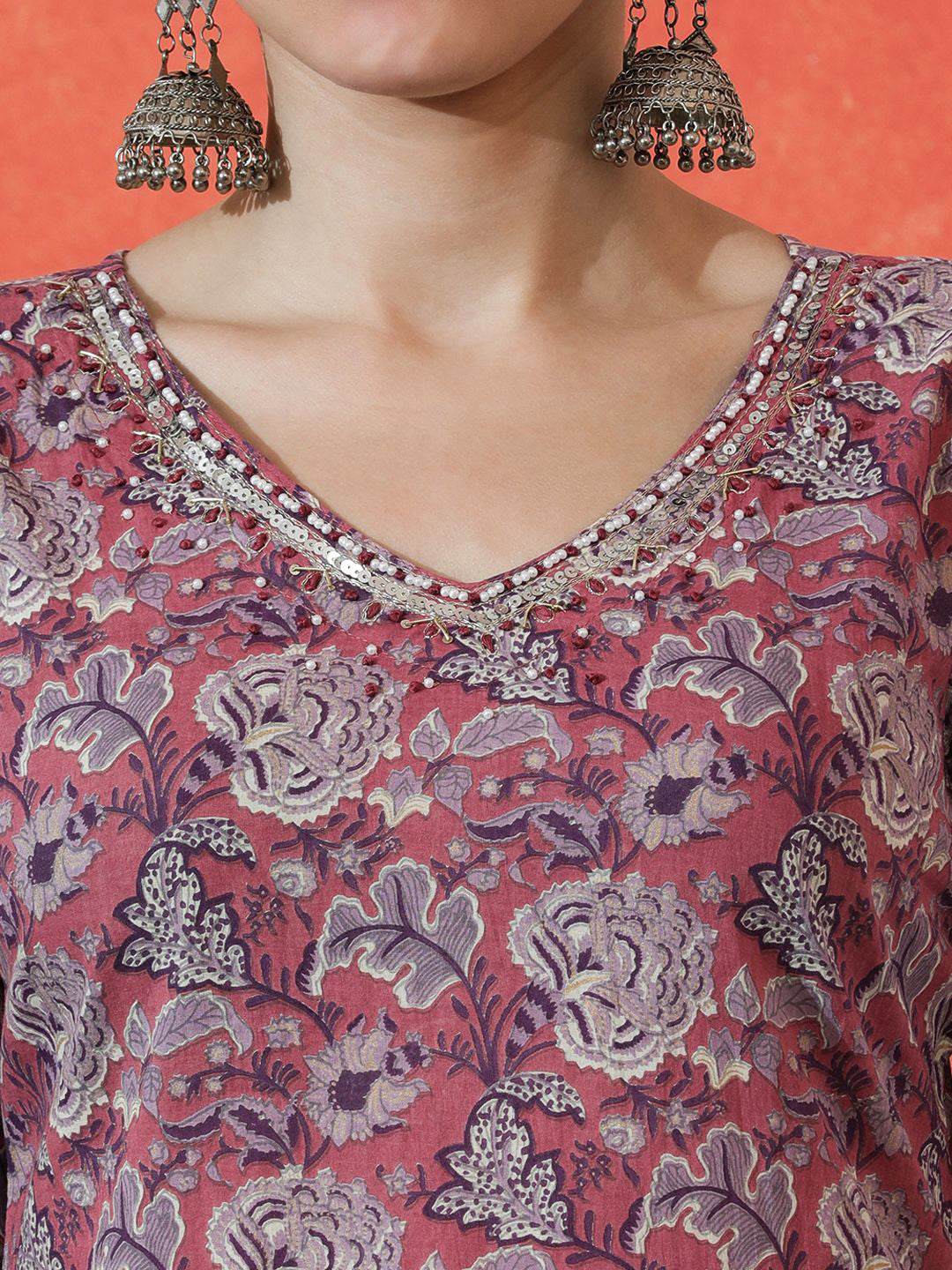 Floral Embroidered Straight Pure Cotton Kurta With Trousers & Dupatta