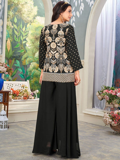 Dhiyona KL Alina Cut Floral Embroidered Sequinned Georgette Straight Kurta With Palazzos & Dupatta