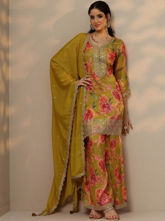 Dhiyona LL Women Floral Printed Sequinned Kurta with Palazzos & Dupatta