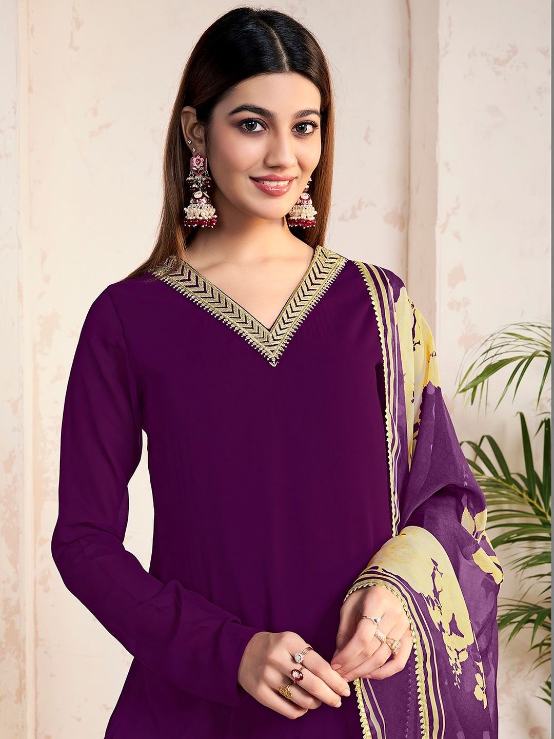 Dhiyona HOP Ethnic Motifs Embroidered V-Neck Kurta & Sharara With Dupatta