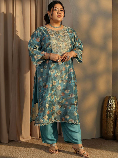 Dhiyona Women's Plus Size Floral Printed Kurta with Trousers & With Dupatta