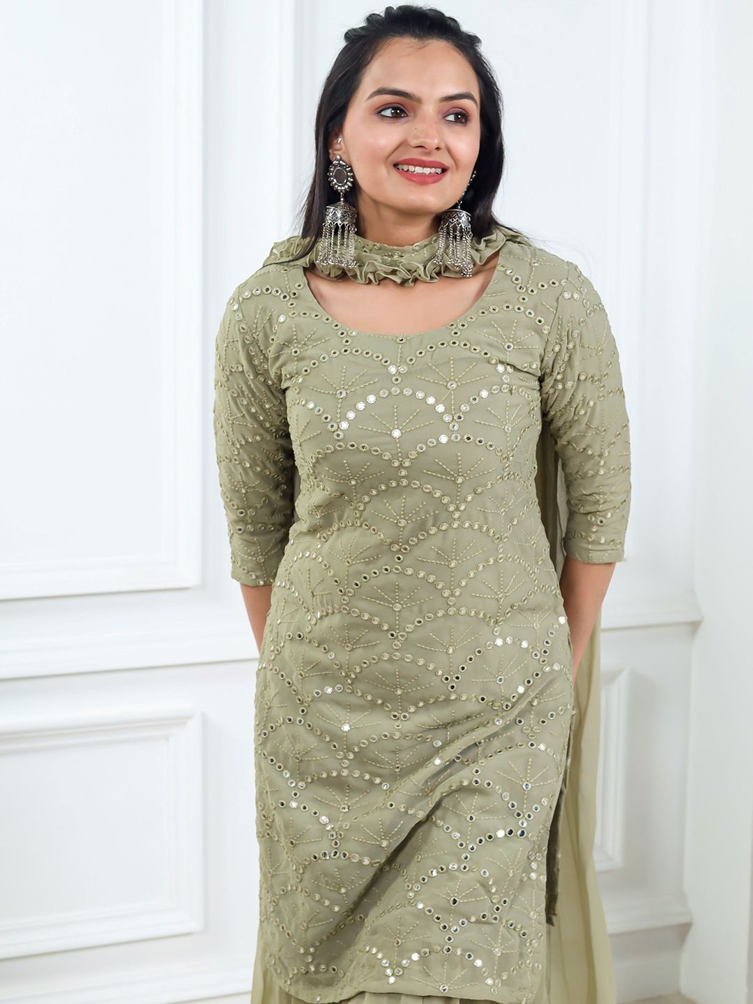 Dhiyona KL Geometric Embroidered Mirror Work Straight Kurta With Sharara & Dupatta