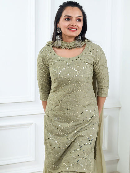 Dhiyona KL Geometric Embroidered Mirror Work Straight Kurta With Sharara & Dupatta