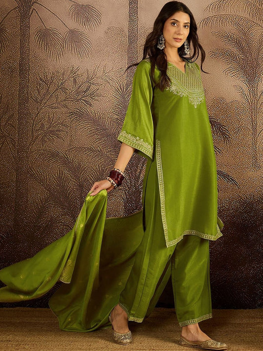 Dhiyona SN Floral Embroidered V-Neck Sequinned Kurta With Palazzos & Dupatta