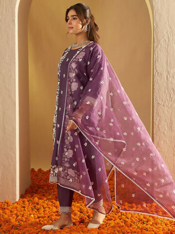 Women's Purple Embroidered Straight Kurta Trousers With Dupatta Set