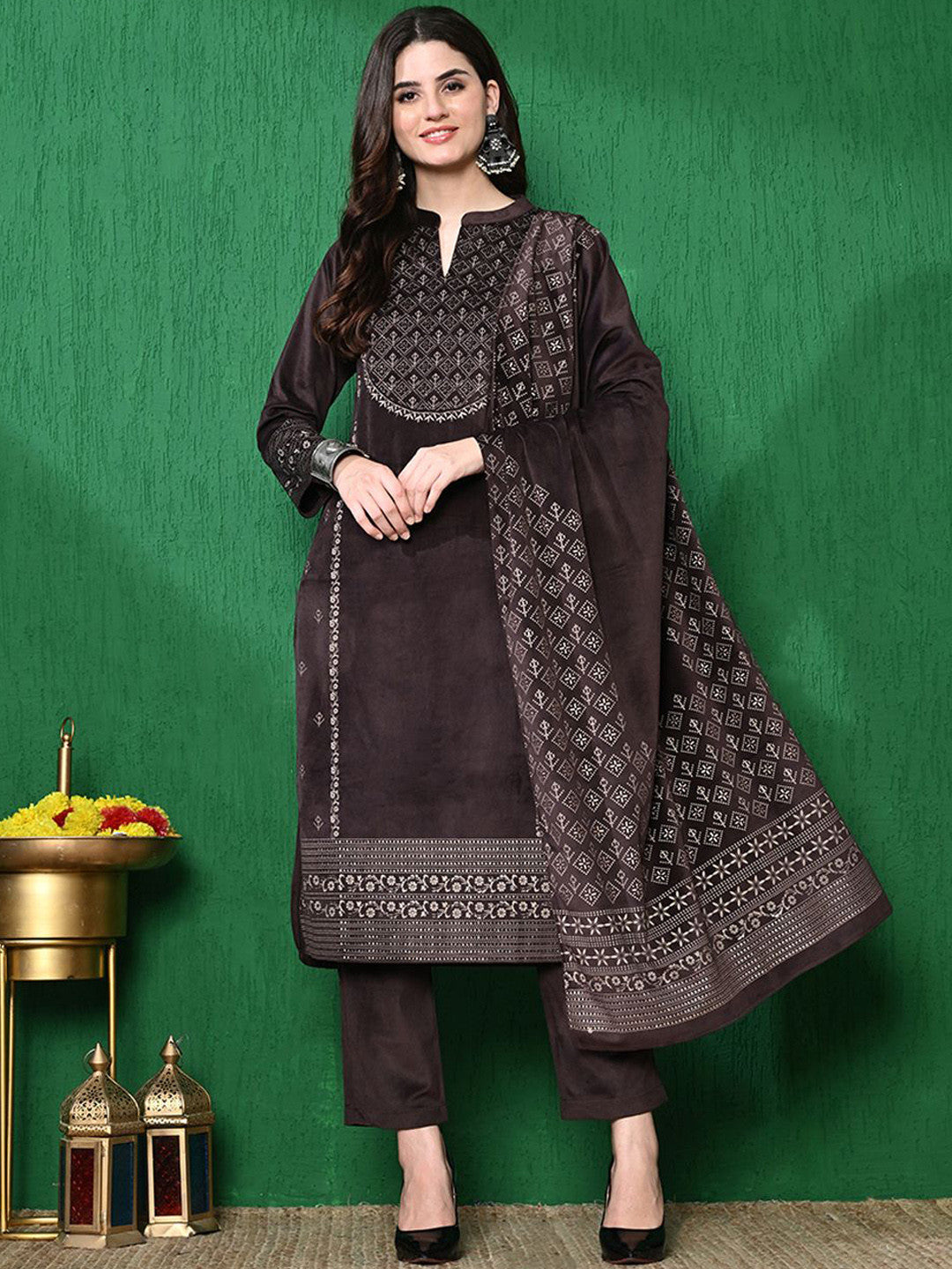 Ethnic Motifs Winter Velvet Straight Kurta & Trouser With Dupatta