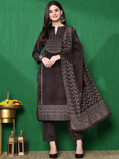 Ethnic Motifs Winter Velvet Straight Kurta & Trouser With Dupatta