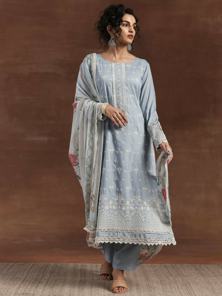 Women's LB Blue Embroidered Silk Blend Straight Suit With Dupatta