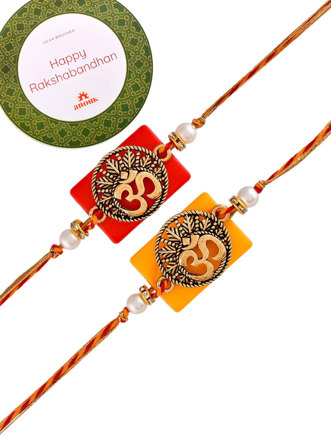 Dhiyona Gold Toned Set Of 2 Om Charm Thread Rakhis With Roli Chawal & Greeting Card