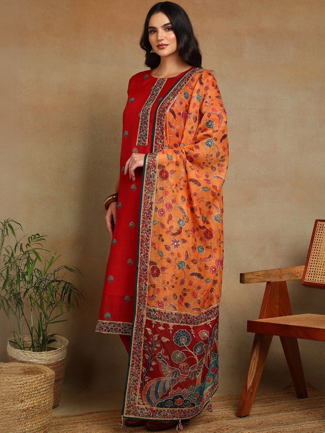 Women Ethnic Motifs Printed Regular Thread Work Chanderi Cotton Kurta with Trousers & With Dupatta