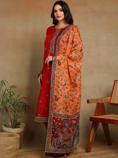 Women Ethnic Motifs Printed Regular Thread Work Chanderi Cotton Kurta with Trousers & With Dupatta