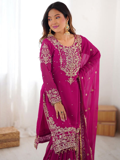 Dhiyona KL Women Ethnic Motifs Embroidered Regular Sequinned Kurta with Sharara & Dupatta