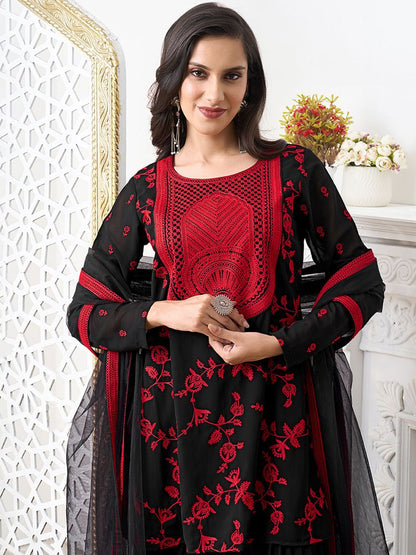 Dhiyona IN Women Floral Embroidered Regular Thread Work Kurta with Sharara & With Dupatta