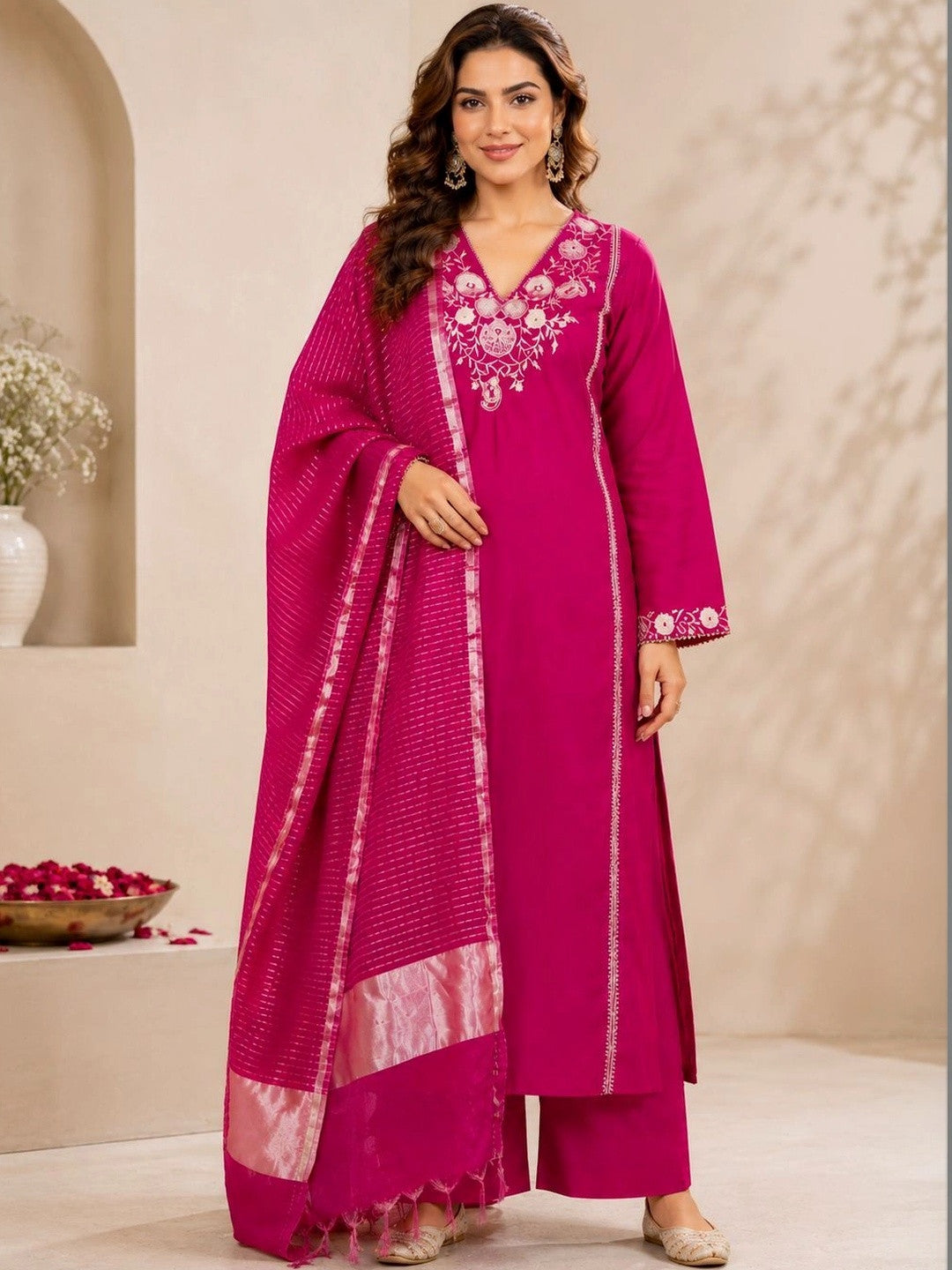 Women Embroidered Regular Thread Work Kurta with Trousers & With Dupatta
