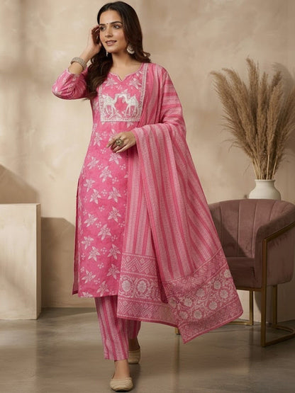 Printed Pure Cotton Round Neck Kurta & Trousers With Dupatta