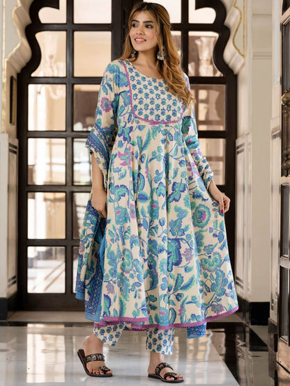 Dhiyona KL Women Floral Printed Regular Thread Work Pure Cotton Kurta with Trousers & Dupatta