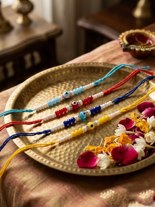 Anouk Set Of 4 Multicolor Evil Eye Thread Rakhi With Roli Chawal Chandan Mishri