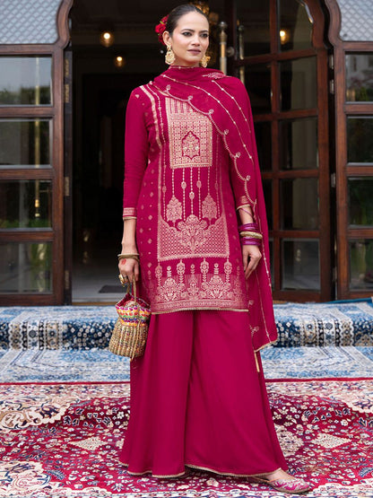 Dhiyona CH Women Jacquard Kurta with Plazzo and Embroidered Dupatta
