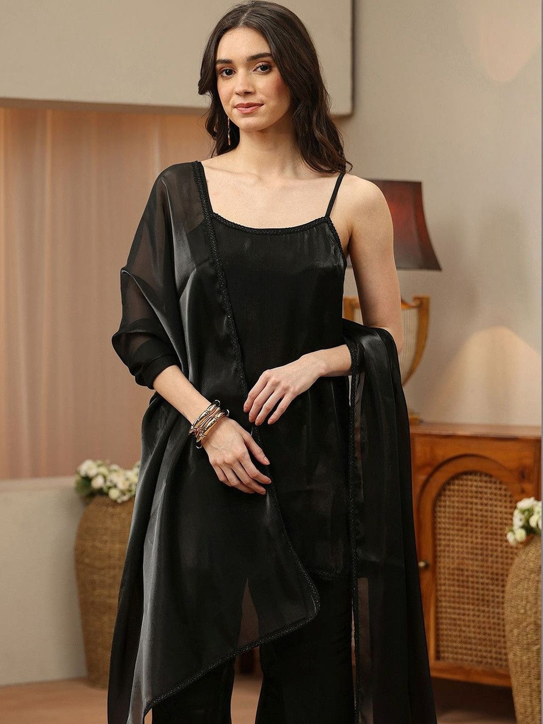 Libas Black Solid Tissue Palazzo Suit Set