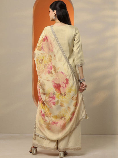Dhiyona LL Women Floral Embroidered Regular Thread Work Kurta with Palazzos & Dupatta