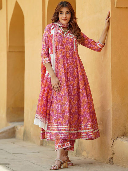 Dhiyona KL Floral Angrakha Gotta Patti Pure Cotton Anarkali Kurta with Trousers & Dupatta
