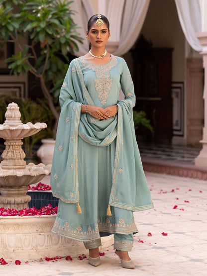 Dhiyona CH Floral Embroidered Mirror Work Chinon Anarkali Kurta With Trousers & Dupatta