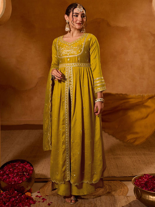 Dhiyona KL Women's Vichitra Silk Siquinned Embroidered Flared Kurta with Pant And Dupatta Sets
