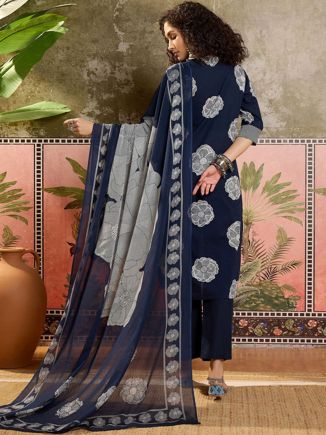Floral Printed Cotton Round Neck Kurta & Trousers With Dupatta