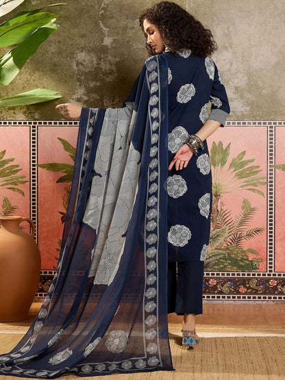 Floral Printed Cotton Round Neck Kurta & Trousers With Dupatta
