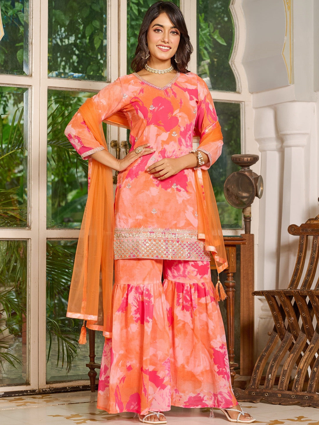 Women Printed Regular Kurta with Sharara & With Dupatta