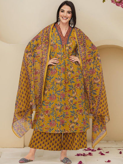 Dhiyona IS Women's Floral Printed Pure Cotton A-line Kurta With Trousers & Dupatta