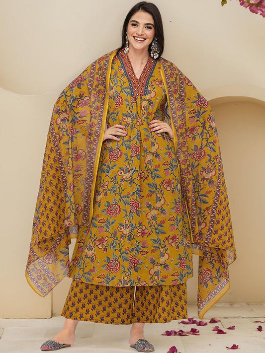 Dhiyona IS Women's Floral Printed Pure Cotton A-line Kurta With Trousers & Dupatta
