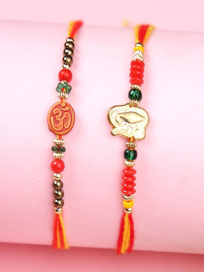 Dhiyona Set Of 2 Red Om & Lord Ganesh Beaded Rakhi With Roli Rice & Greeting Card