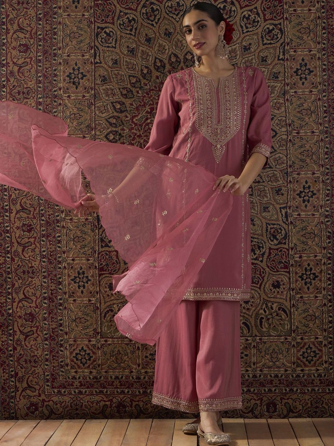 Dhiyona IE Ethnic Motifs Embroidered Regular Straight Kurta With Palazzos & Dupatta