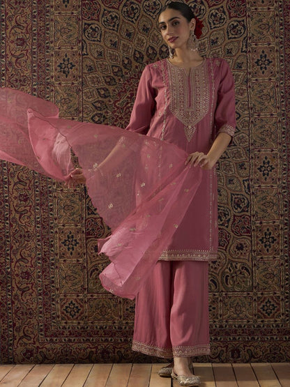 Dhiyona IE Ethnic Motifs Embroidered Regular Straight Kurta With Palazzos & Dupatta