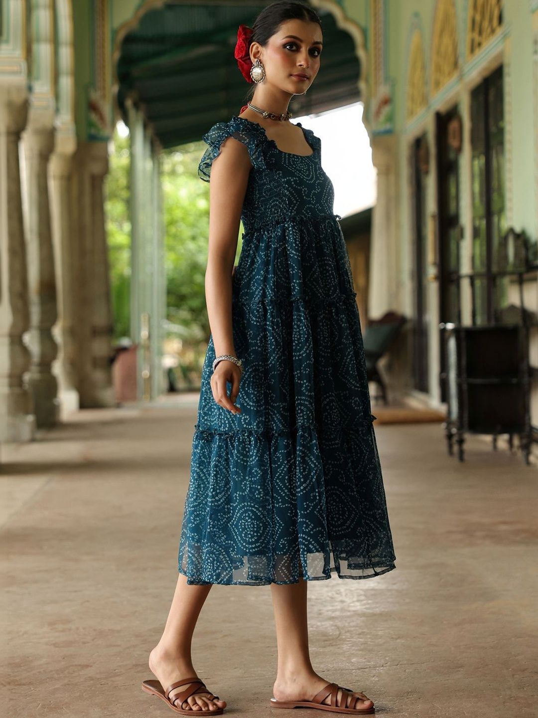 Dhiyona AY Women's Bandhani Printed Georgette Tier Dress