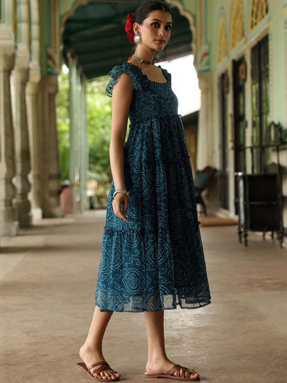 Dhiyona AY Women's Bandhani Printed Georgette Tier Dress