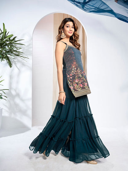 Dhiyona IN Women Floral Embroidered Regular Thread Work Kurta with Sharara & With Dupatta