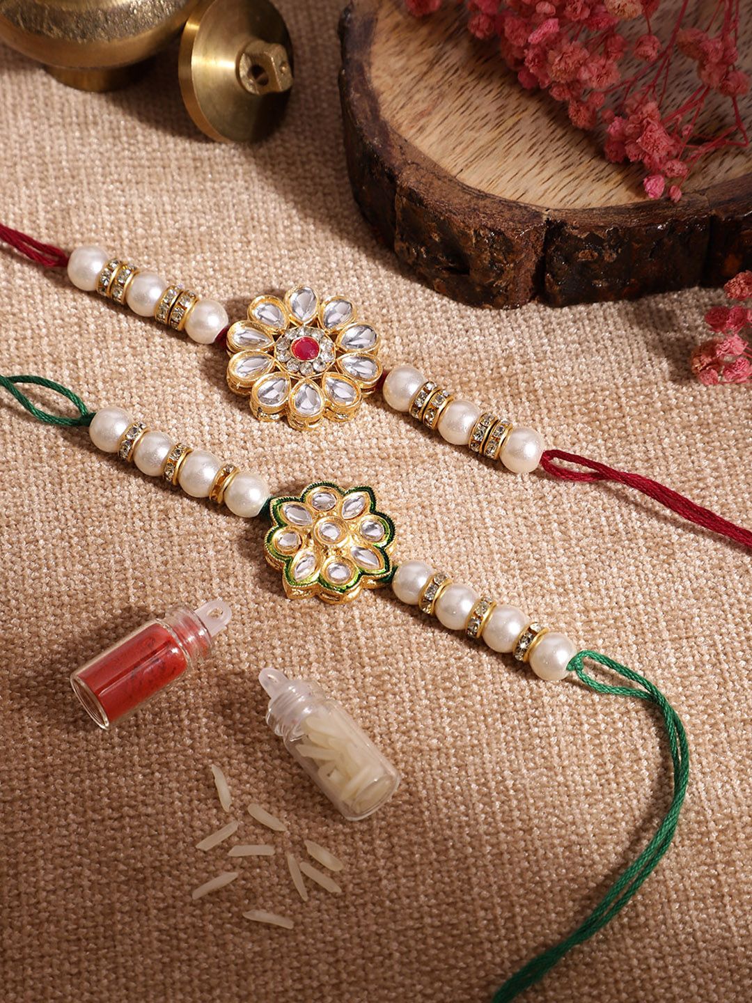 Dhiyona Unisex Set of 2 Beaded Bhai Bhabhi Rakhis With Roli & Chawal