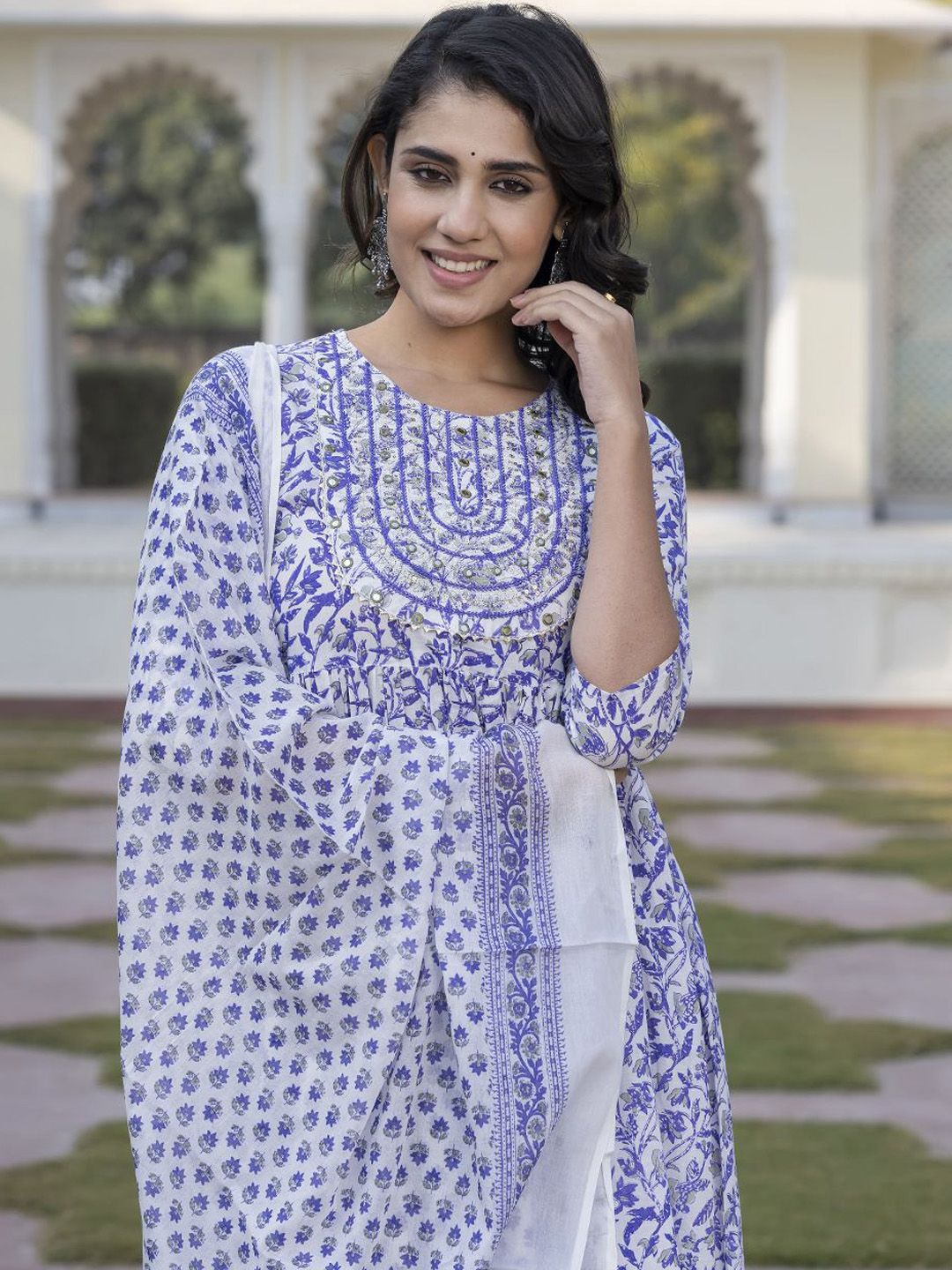Dhiyona KL Floral Printed Gotta Patti Pure Cotton Anarkali Kurta With Trouser & Dupatta