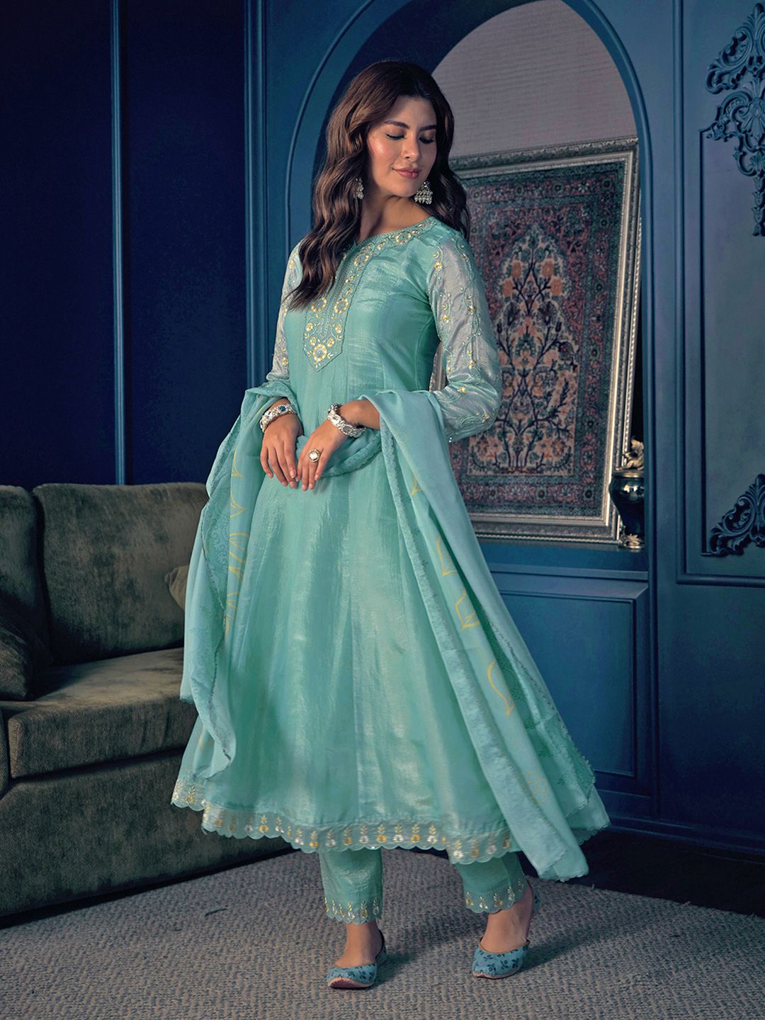 Dhiyona CH Floral Embroidered Pleated Sequinned Kurta With Trousers & Dupatta