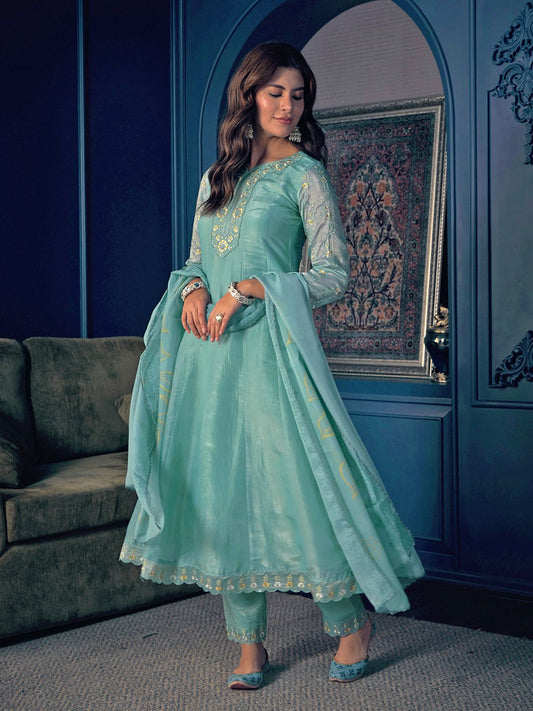 Dhiyona CH Floral Embroidered Pleated Sequinned Kurta With Trousers & Dupatta