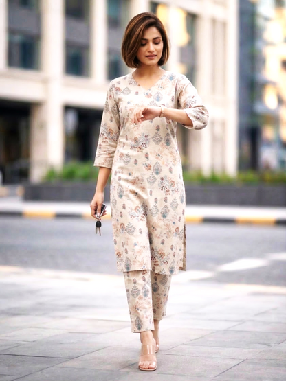 Bindiya Pearl Linen Printed Kurta Pant Set